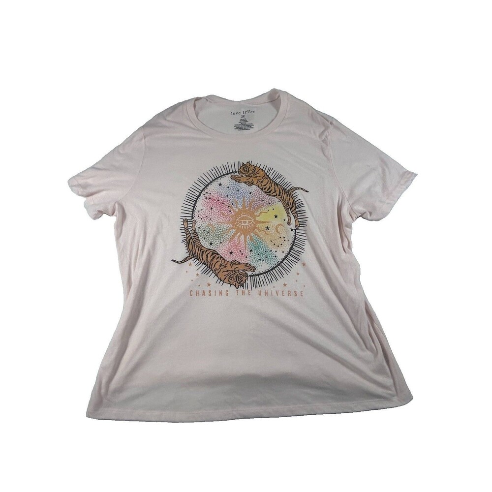 Love Tribe Chasing the Universe Tiger Graphic T-Shirt Women's Plus Size 2X Pink